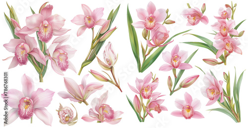 Watercolor pink cymbidium orchid clipart for graphic resources	