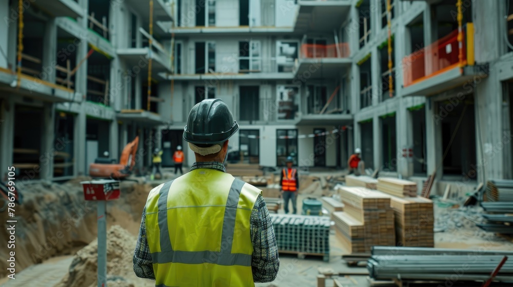 Construction worker standing and looking at a construction site, urban view, created with AI Construction worker standing and looking at a construction site, urban view, created with AI