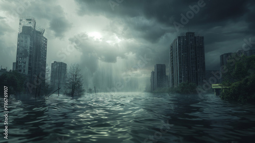 Clouds, city and natural disaster with water for climate change, tsunami and crisis in environment. Rain, nature and buildings with flood in storm for weather damage, global warming and destruction photo