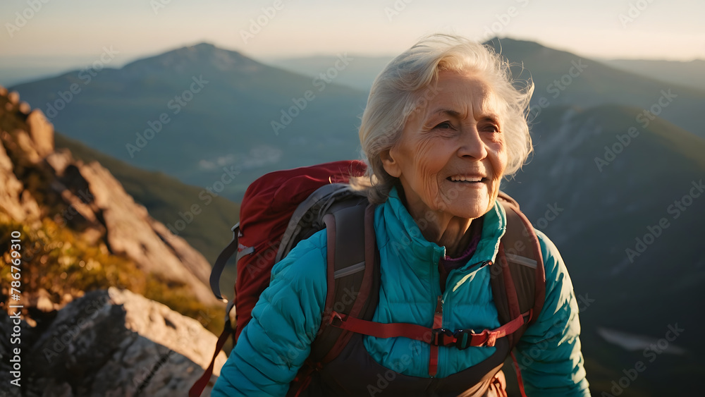 An elderly woman in climbing clothing with sunlight in the background climbing a mountain