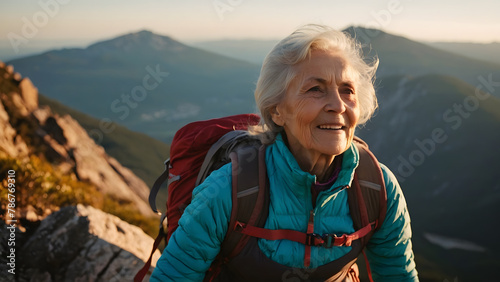 An elderly woman in climbing clothing with sunlight in the background climbing a mountain