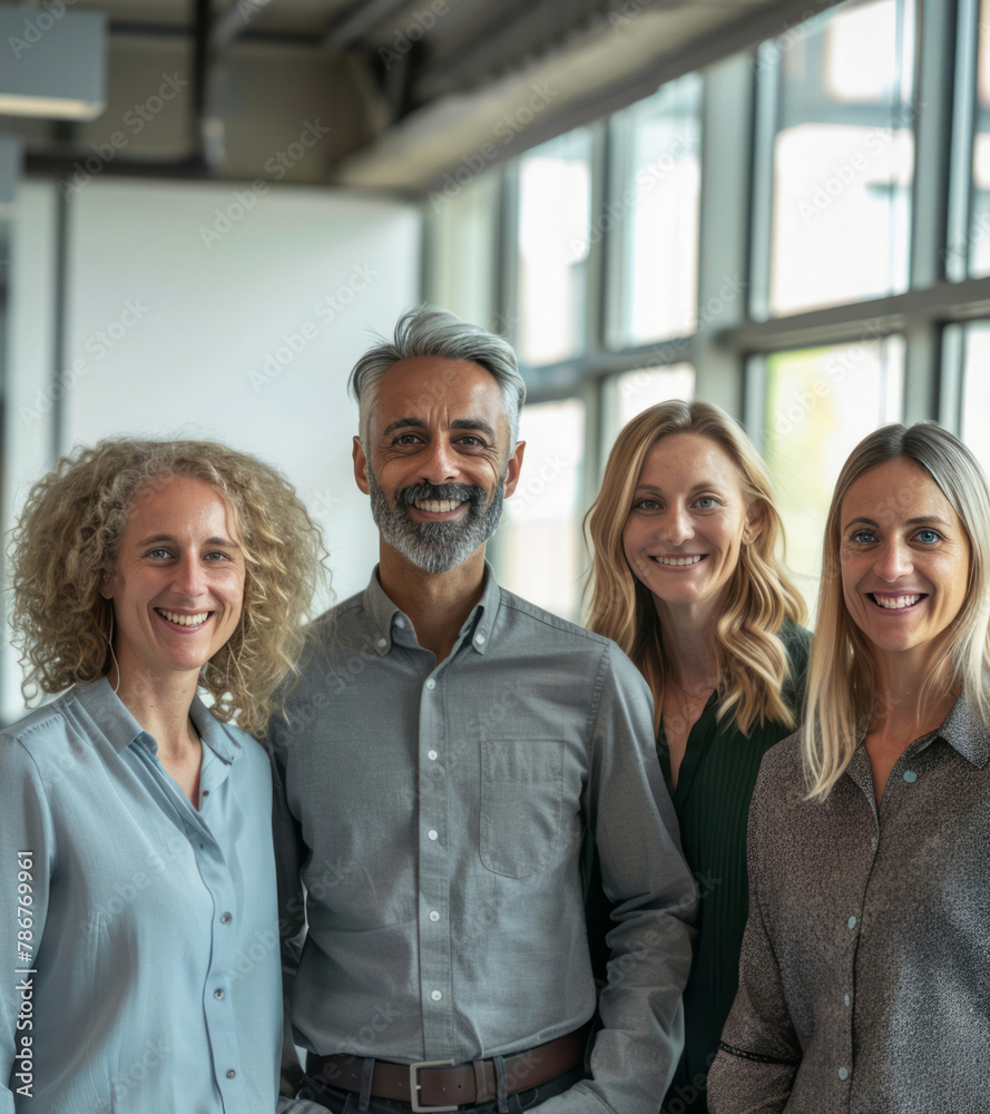 Four business people stand smiling in an office, including one man and three women, one of whom has blonde shoulder-length hair and the other two have short brown hair. Four business people stand smiling in an office, including one man and three women, one of whom has blonde shoulder-length hair and the other two have short brown hair.