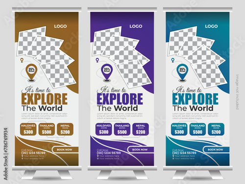Modern and clean travel agency roll up banner design with multiple color variation.