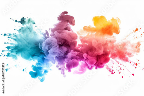 A colorful rainbow smoke explosion occurs on a white background, creating color splashes and a colorful watercolor paint splash.