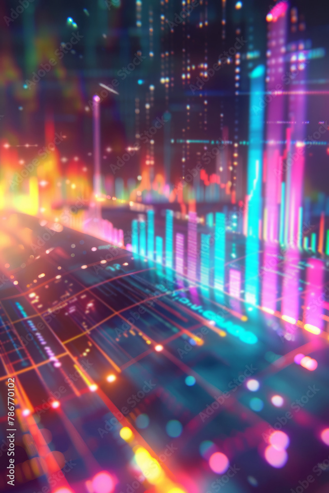 A futuristic financial graph features holographic lines, glowing bar charts, and digital data on an abstract background, representing a concept of stock market, business growth, data analysis.