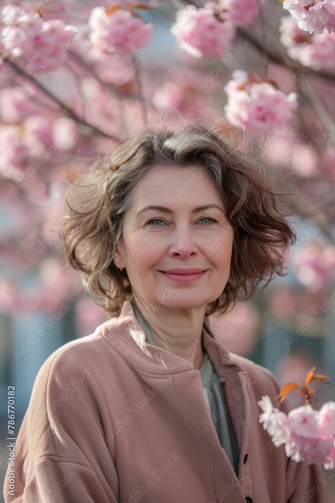 Naklejka premium A beautiful middle-aged woman smiles as she stands under a blooming cherry blossom tree in a spring garden, looking at the camera.
