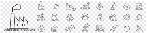 Factory icon set. Industry factory mass production manufacture machine fabrication goods editable stroke line vector icons collection.
