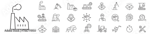 Factory icon set. Industry factory mass production manufacture machine fabrication goods editable stroke line vector icons collection.