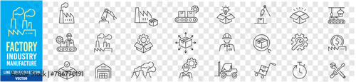 Factory icon set. Industry factory mass production manufacture machine fabrication goods editable stroke line vector icons collection.