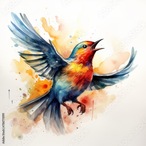 Watercolor Painting of a Flying Songbird