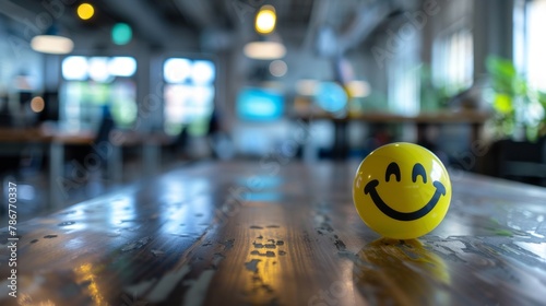 A yellow smiley face ball sits on the table in an office, against a blurred background.