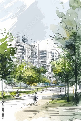 An architectural sketch depicts an urban green space with trees and people riding bicycles in the foreground, and modern buildings in the background.