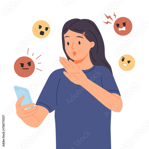 Cyber bullying people vector illustration. Cartoon flat sad young bullied girl character sitting in front of phone.