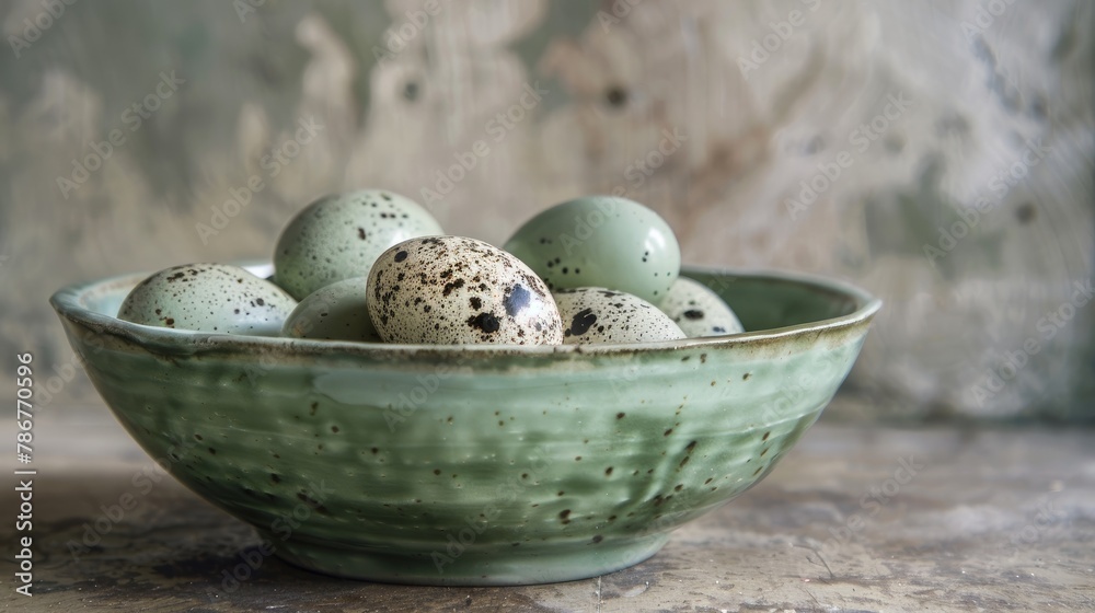 Green bowl containing quail eggs Green bowl containing quail eggs