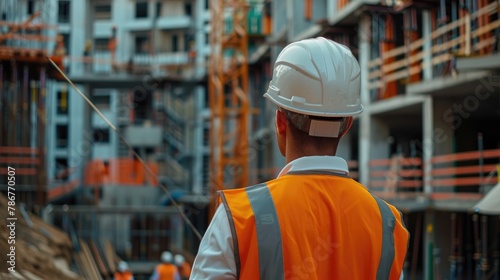 Construction worker standing and looking at a construction site, urban view, created with AI