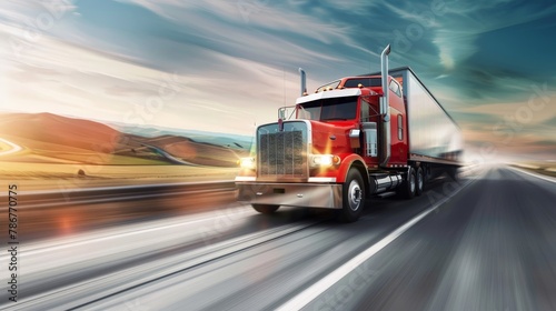 An iconic, brightly colored truck cruising along a desert freeway, the heat haze and the blurred scenery alongside creating a sense of speed and the timeless allure of cross-country trucking.