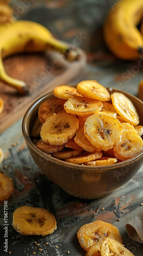 Beautiful presentation of Banana Chips, hyperrealistic food photography