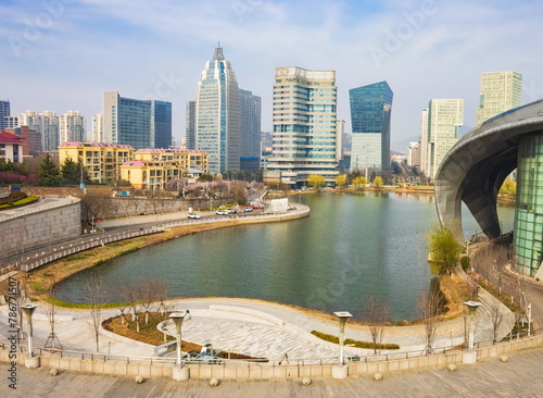 Landscape of a modern city in China. View from the top. Skyscrapers. Qingdao.