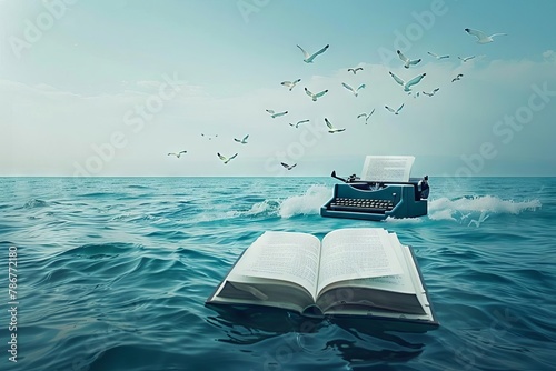 writers imagination concept typewriter flying over sea with book pages