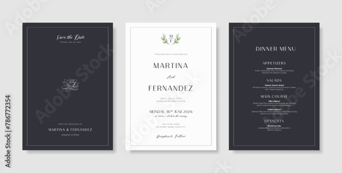 Beautiful and minimalist wedding invitation template with engraved flower