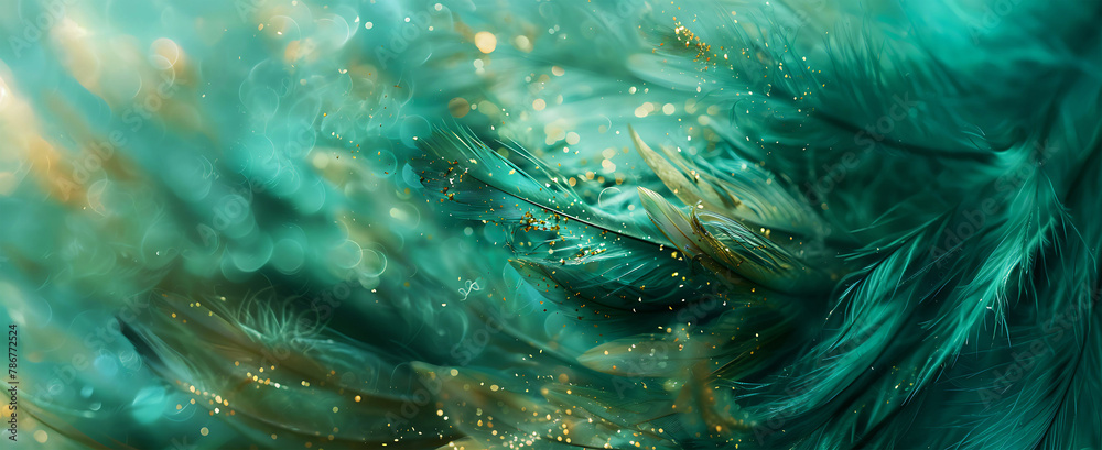 Close-up of light green and dark aquamarine feathers. Gold sprinkles with blurred edges, abstract background. Close-up of light green and dark aquamarine feathers. Gold sprinkles with blurred edges, abstract background.