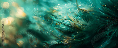 Close-up of light green and dark aquamarine feathers. Gold sprinkles with blurred edges, abstract background. photo