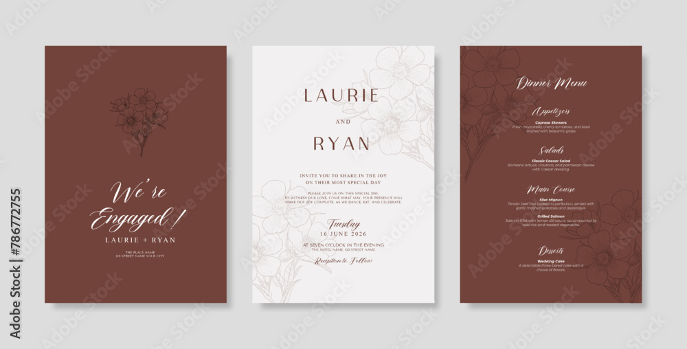 Fototapeta premium Wedding invitation template with engraved leaves. trendy modern wedding invitation template. beautiful wedding card template