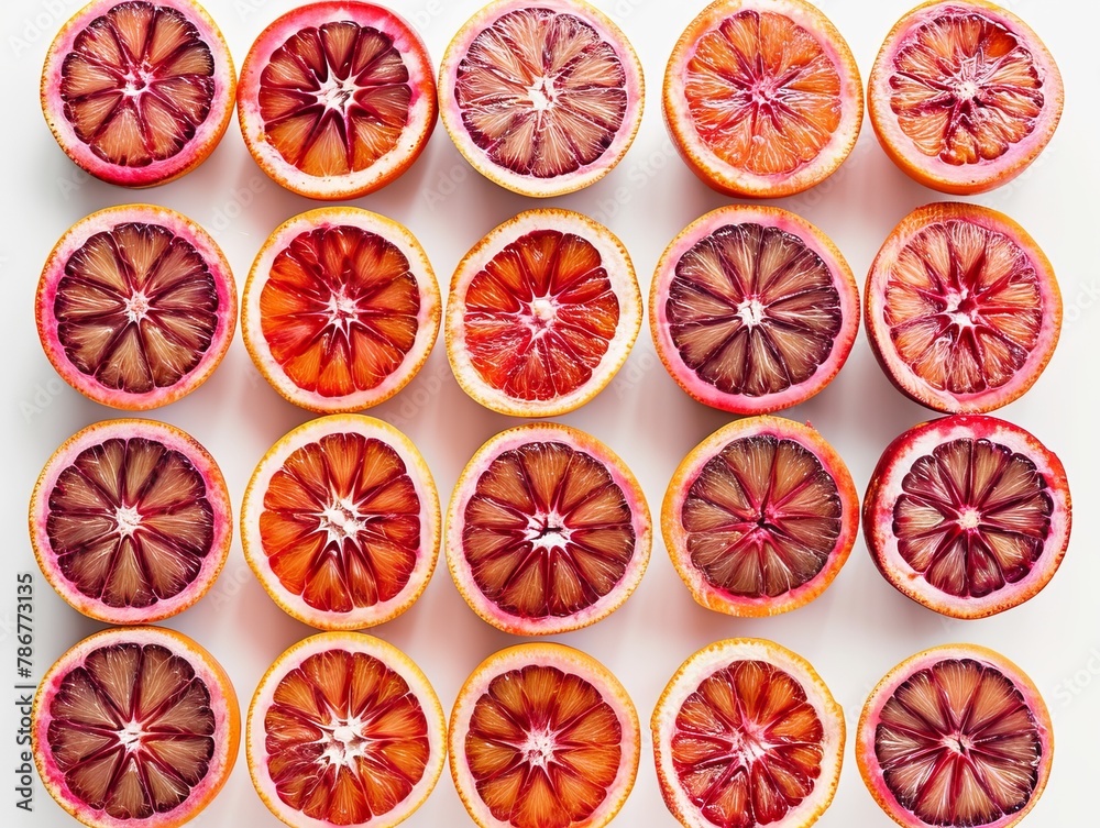 Sliced blood oranges in neat rows Sliced blood oranges in neat rows