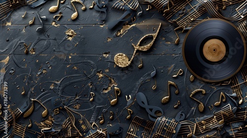Closeup gold musical note and music disc on dark background