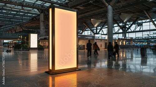 Modern mockup on airport, vertical blank white screen light box advertising signboard