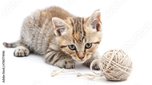 Kitten playing with a yarn ball on a white background