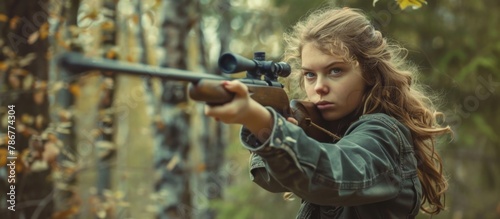 In a tranquil forest setting, a woman confidently holds a rifle with a tall tree in the background