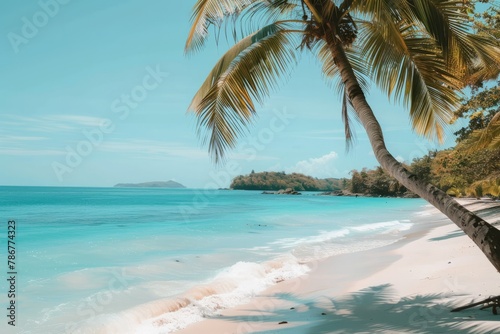 A serene tropical beach with palm trees, turquoise waters, and white sandy shores, perfect for a relaxing getaway, Generative AI © ManusiaIkan