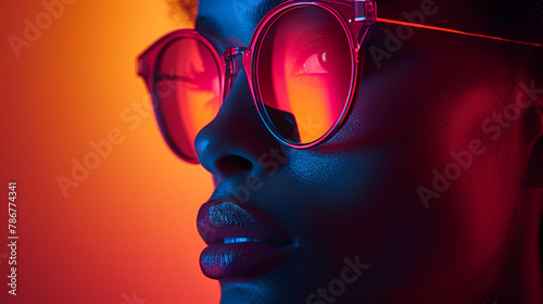 Side profile  African American female - orange background - side profile - sunglasses - vintage neon style  © Jeff