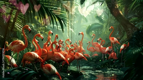Wild Avian Haven: Majestic Flamingos in a Dense Forest with a Serene River. Seamless looping time-lapse virtual 4k video animation background photo
