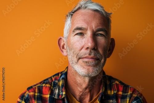 Portrait of senior man with grey hair and beard on orange background