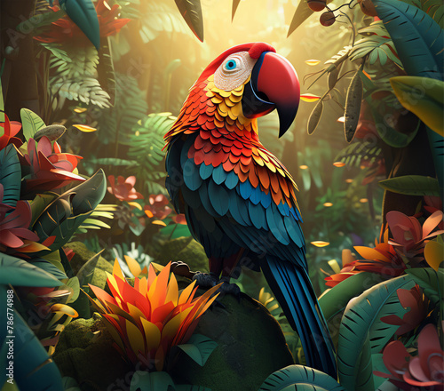 Tropical rainforest with parrot bird