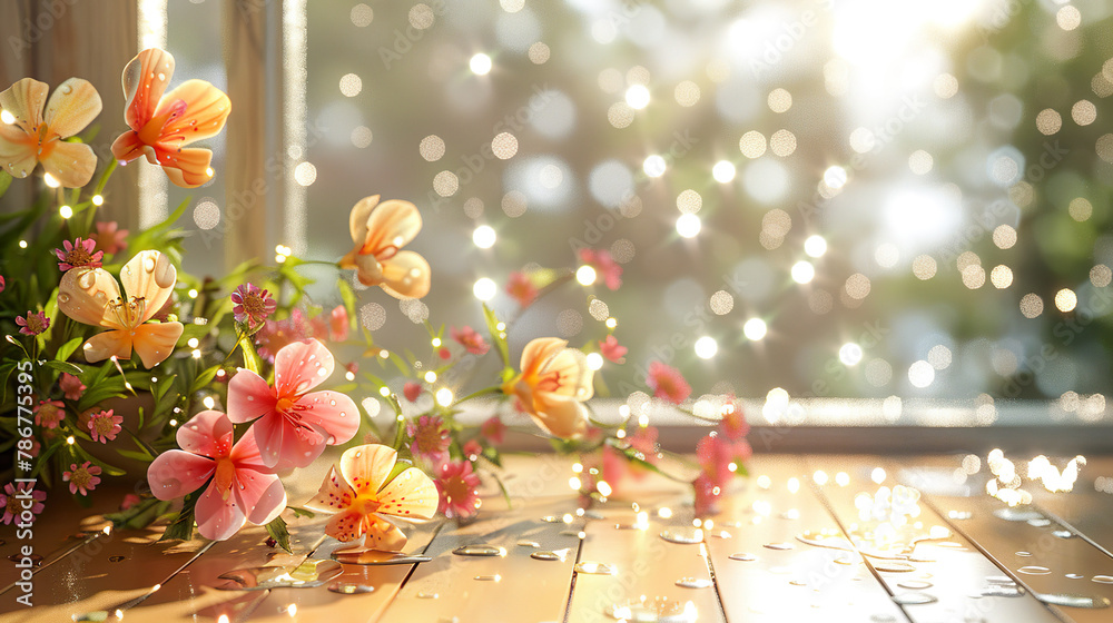 Dew drops sparkle on flowers placed on a beige wooden table against the backdrop of a large window photo.