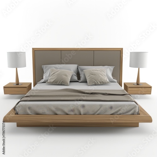 3D Render of a contemporary bed frame with bedside tables, on isolated white background, Generative AI