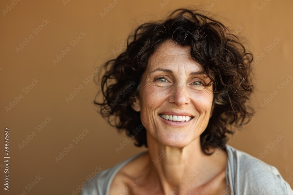 Portrait of smiling middle aged woman with curly hair against brown background Portrait of smiling middle aged woman with curly hair against brown background