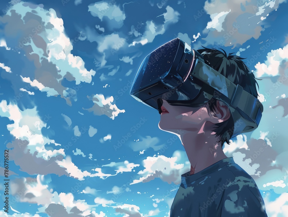 The boy wearing VR glasses is outdoors. The boy wearing VR glasses is outdoors.