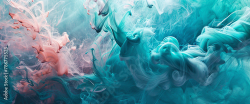 Behold the hypnotic allure of abstract expressionism as ribbons of turquoise and blush smoke intertwine and spiral on a blank canvas, evoking a sense of serenity and awe. photo