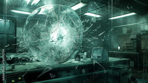 Image of mutants escaping quarantine in a laboratory. The lab is a chaos of shattered glass  sci-files.