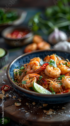 Beautiful presentation of Shrimp pad thai, hyperrealistic food photography