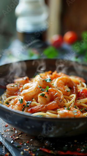Beautiful presentation of Shrimp Linguine with Tomato Cream Sauce, hyperrealistic food photography © Food Cart