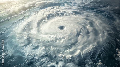 Sky, typhoon and cyclone as natural disaster from atmosphere for weather emergency, evacuation or storm. Whirlwind, environment and climate change crisis in pacific ocean, dangerous or destruction
