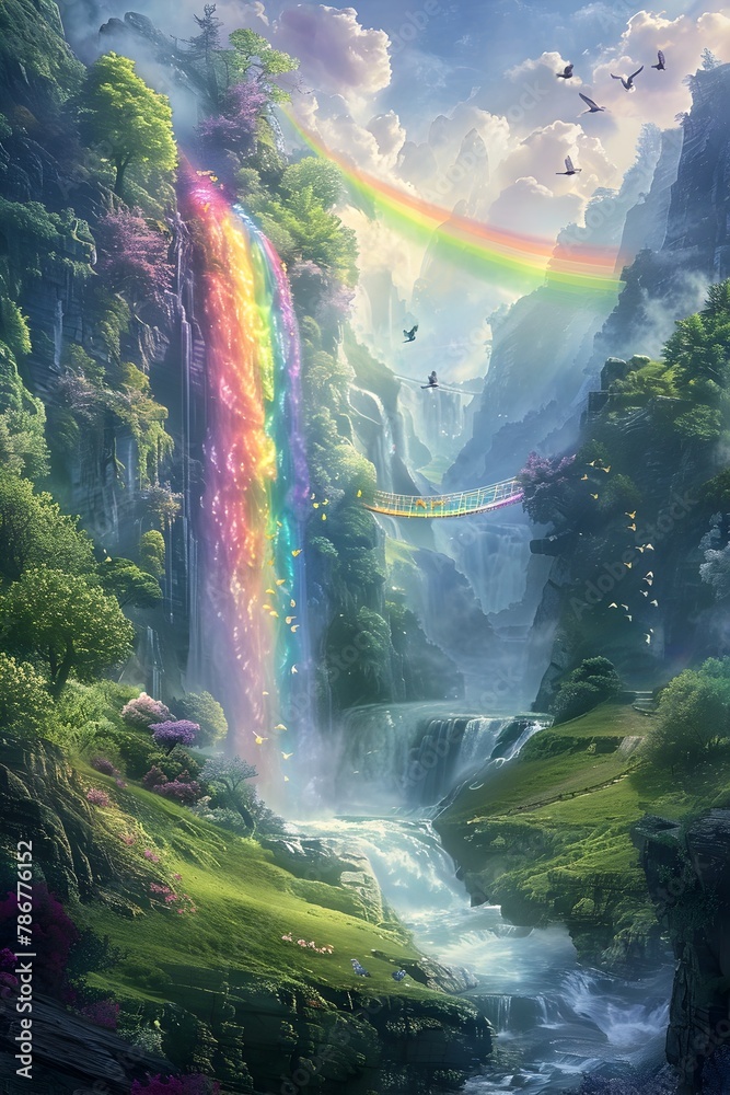 Enchanting Rainbow Cascade into a Lush Fairytale Valley with Whimsical Creatures