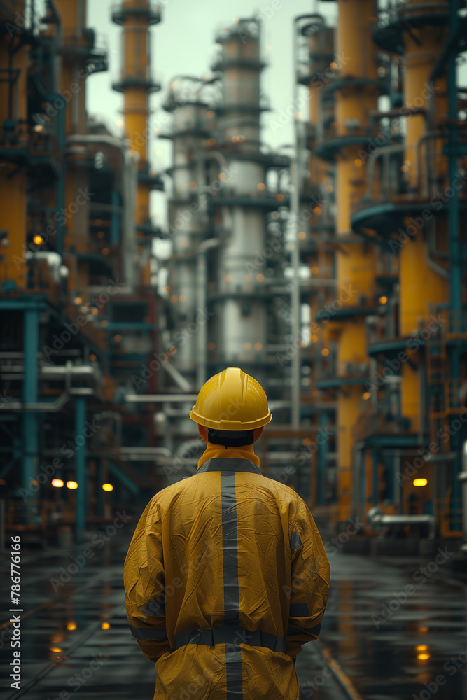 Fototapeta premium Engineer standing at Industrial view at oil refinery plant from industry zone.