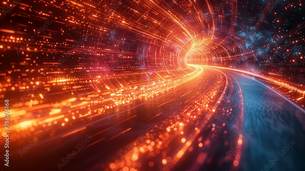A digital tunnel of orange particles with a glowing blue center. A digital tunnel of orange particles with a glowing blue center.