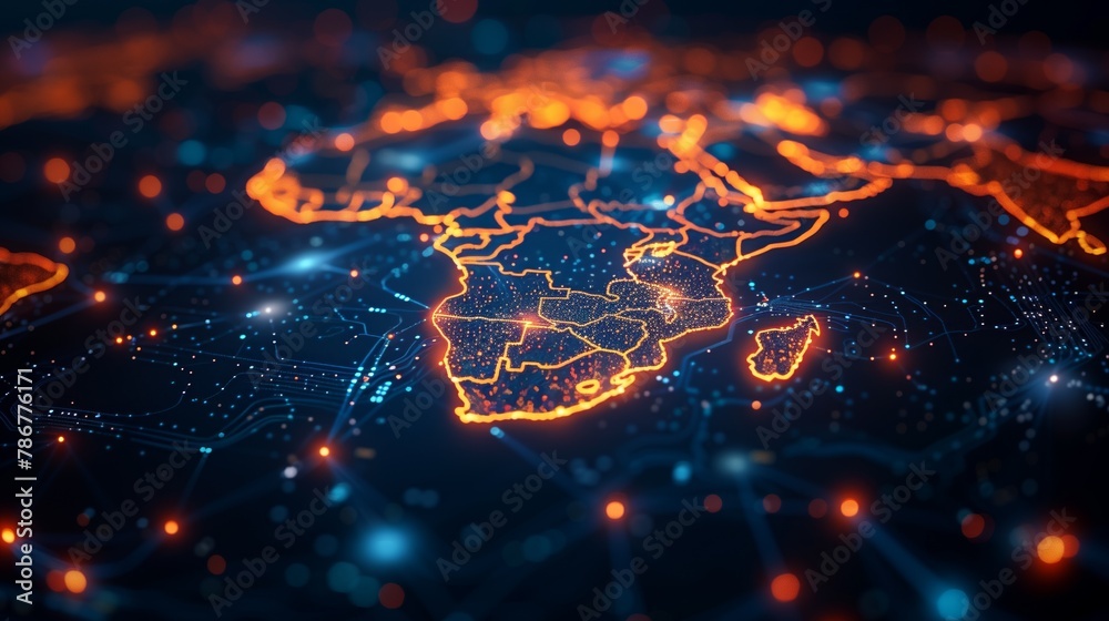 A glowing orange outline of the continent of Africa on a dark blue background with bright blue and orange lights scattered throughout. - obrazy, fototapety, plakaty 